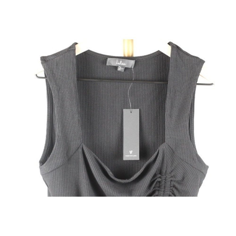 Lulus Black Ribbed Square Neck Side Ruched Drawstring Tank Top Large NEW - Picture 2 of 7